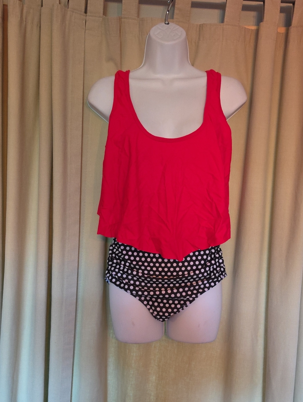 Polka Dot High-Waist Bikini Bottom with Red Ruffle Tankini Top